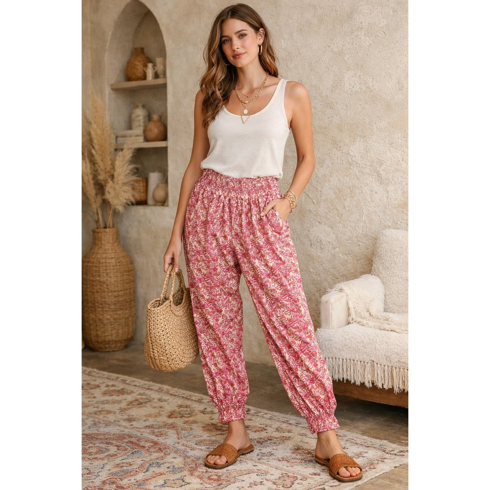 Anthropologie Women's Pink Floral Smocked Pull On Waist Jogger Pants- XS